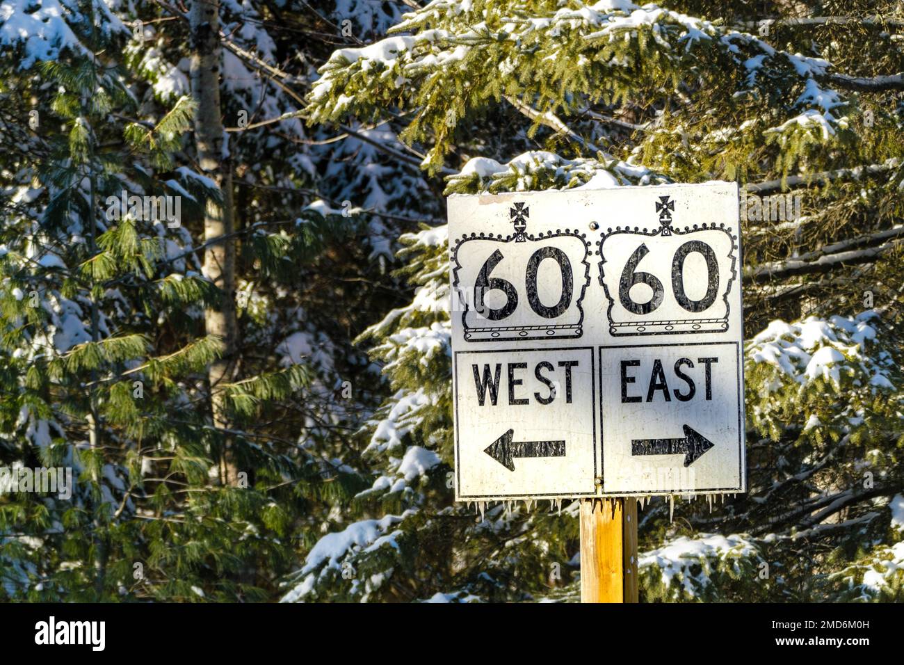 Algonquin Provincial Park, Ontario, Canada - January 14, 2023: Road signs direct traffic to the east and west along Ontario provincial highway 60. Stock Photo