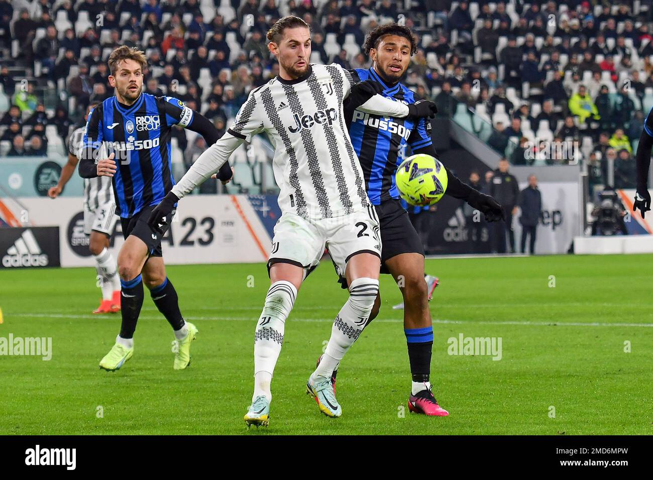 Torino, Italy. 22nd Jan, 2023. Adrien Rabiot of Juventus FC and Ederson Jose dos Santos Lourenco da Silva of Atalanta BC compete for the ball during the Serie A football match between Juventus FC and Atalanta BC at Juventus stadium in Torino (Italy), January 22th, 2022. Photo Giuliano Marchisciano/Insidefoto Credit: Insidefoto di andrea staccioli/Alamy Live News Stock Photo