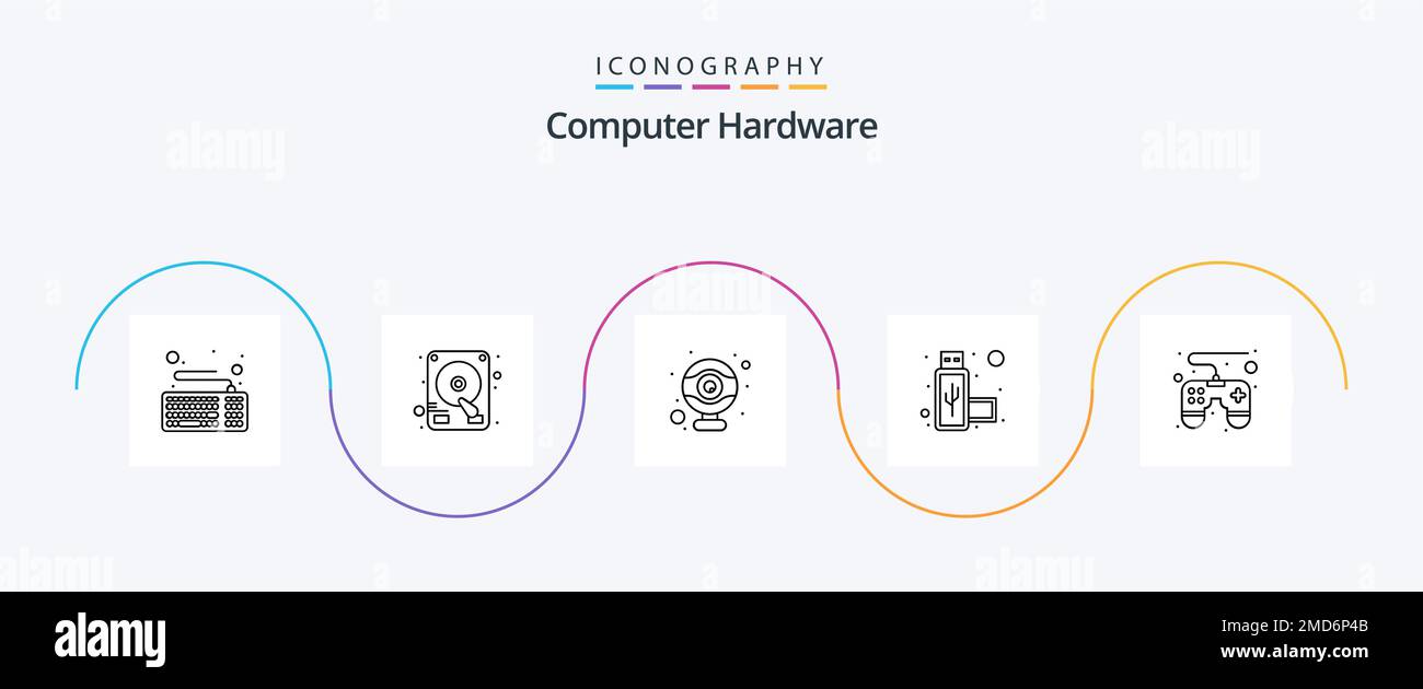 Computer Hardware Line 5 Icon Pack Including . remote. hardware. game pad. usb Stock Vector