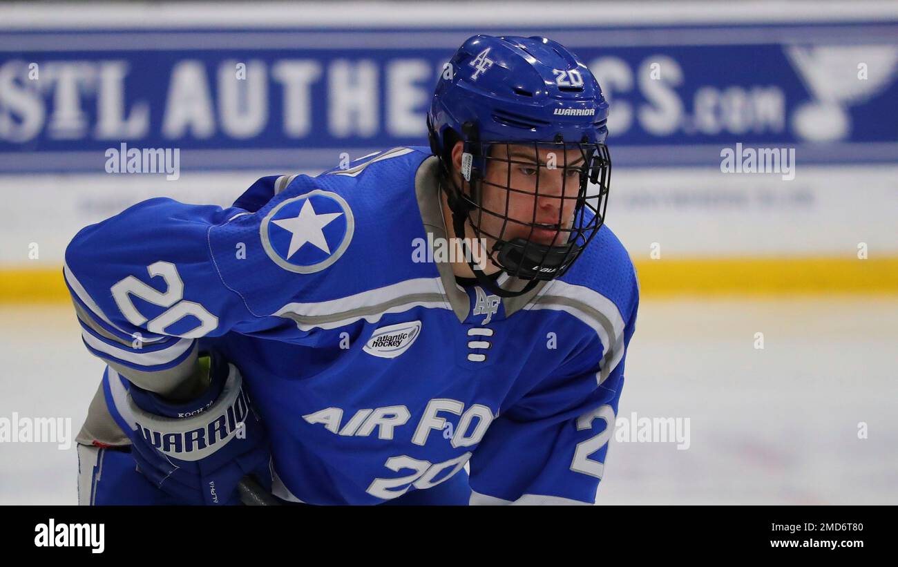 Air Force Falcons Brandon Koch lines up for a face off against the Lindenwood University Lions during an NCAA hockey game on Saturday, Oct. 23, 2021, in Maryland Heights, Mo. (AP Photo/Dilip