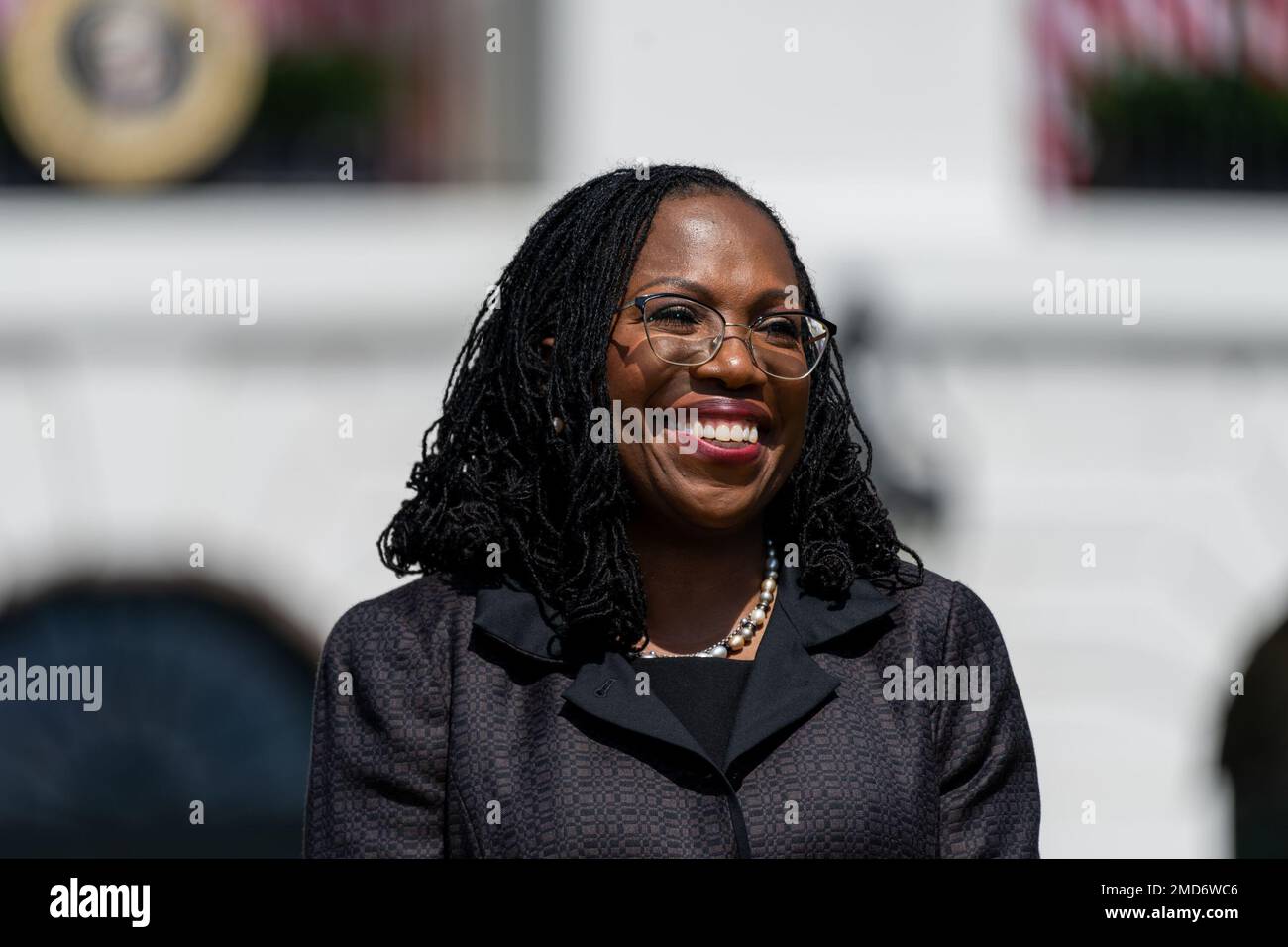 Reportage: Supreme Court Justice Ketanji Brown Jackson attends an event on the South Lawn of the White House with President Joe Biden and Vice President Kamala Harris, Friday, April 8, 2022, to celebrate her confirmation to the Supreme Court. Stock Photo
