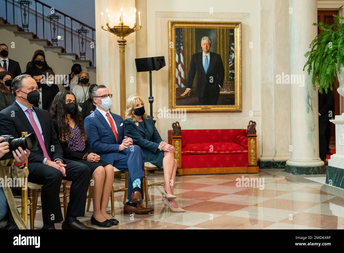 Reportage: Jill Biden and Second Gentleman Doug Emhoff watch with Judge Ketanji Brown Jackson’s husband and daughter while President Joe Biden delivers remarks on Judge Jackson’s nomination to the U.S. Supreme Court, Friday, February 25, 2022, in the Grand Foyer of the White House. Stock Photo