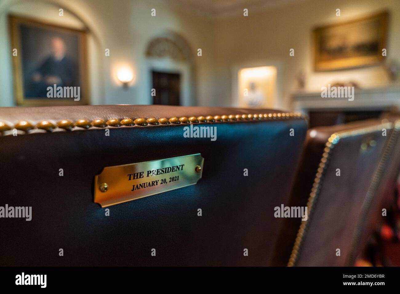 The plaque on the back of President Joe Biden's Cabinet Room chair is seen Tuesday, October 19, 2021 at the White House Stock Photo
