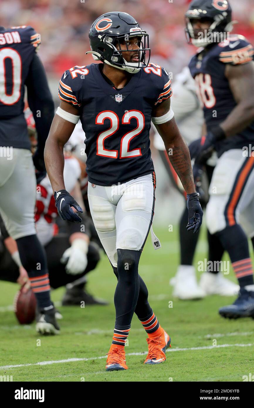 Chicago Bears cornerback Kindle Vildor (22) gets set for a play during the  first half of an NFL football game against the Minnesota Vikings, Sunday,  Jan. 9, 2022, in Minneapolis. (AP Photo/Bruce