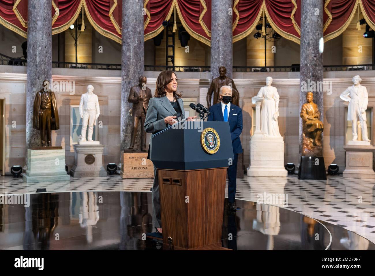 Reportage: Vice President Kamala Harris delivers remarks in National Statuary Hall on the one-year anniversary of the January 6 attack on the U.S. Capitol, Thursday, January 6, 2022 Stock Photo