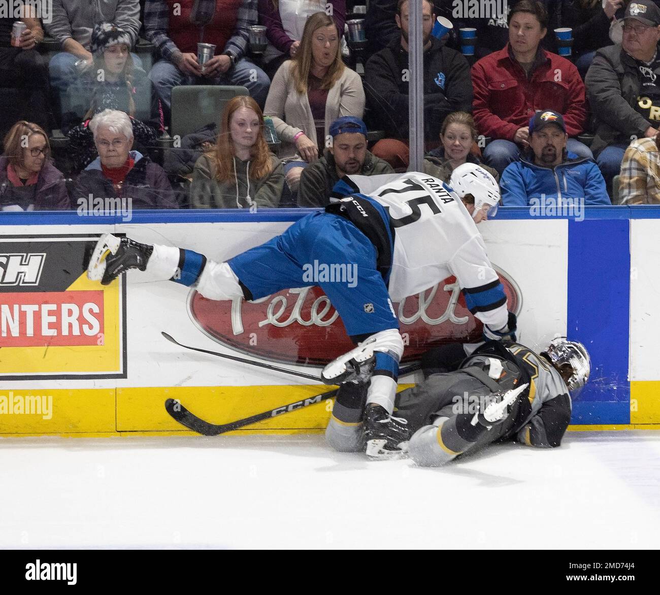 Loveland, Colorado, USA. 21st Jan, 2023. Eagles LW SAMPO RANTA levels a