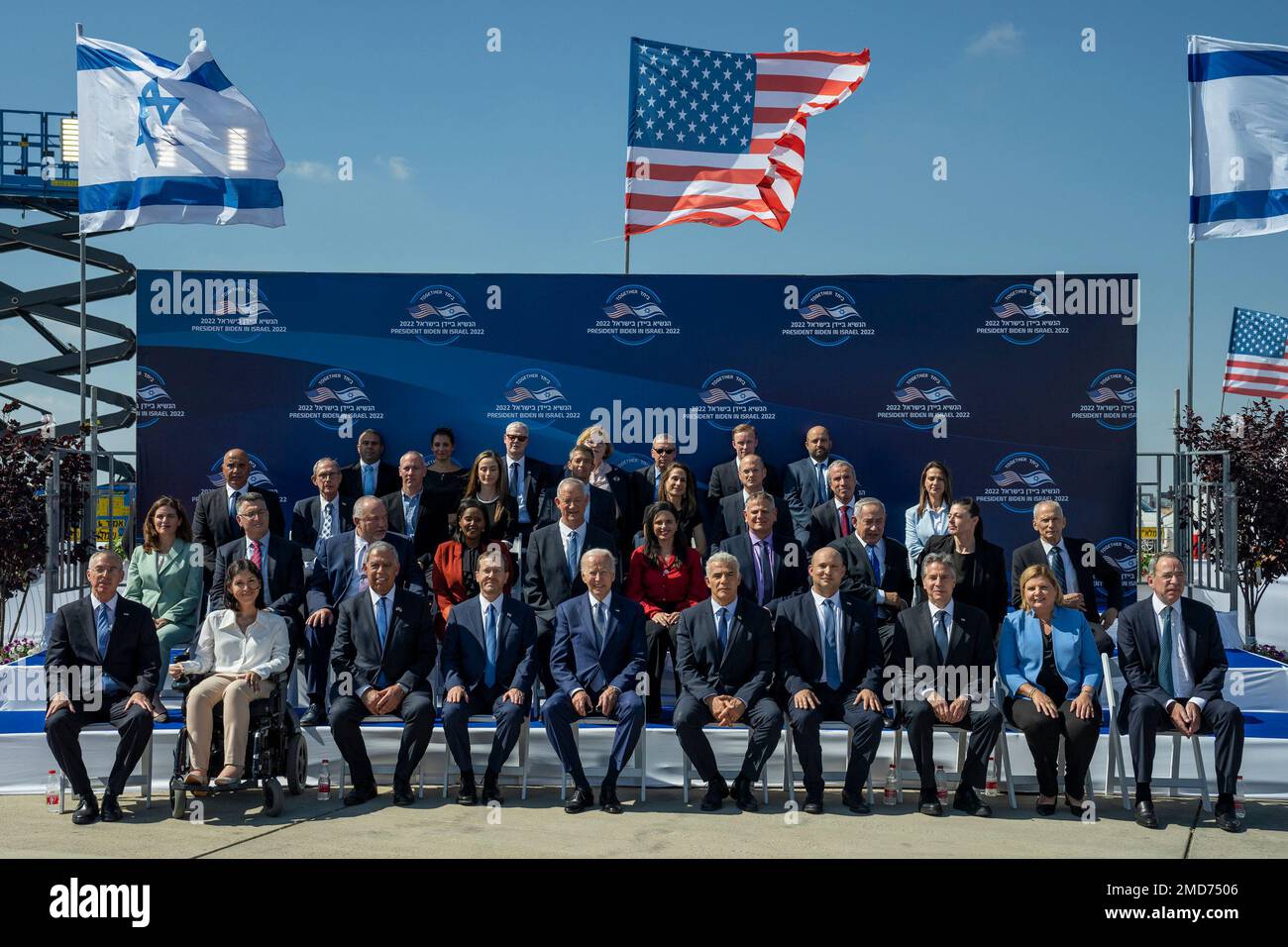 Reportage: President Joe Biden poses for a group photo with President of Israel Isaac Herzog, Prime Minister Yair Lapid and other Israeli officials during an arrival ceremony, Wednesday, July 13, 2022, at Ben Gurion Airport in Tel Aviv Stock Photo