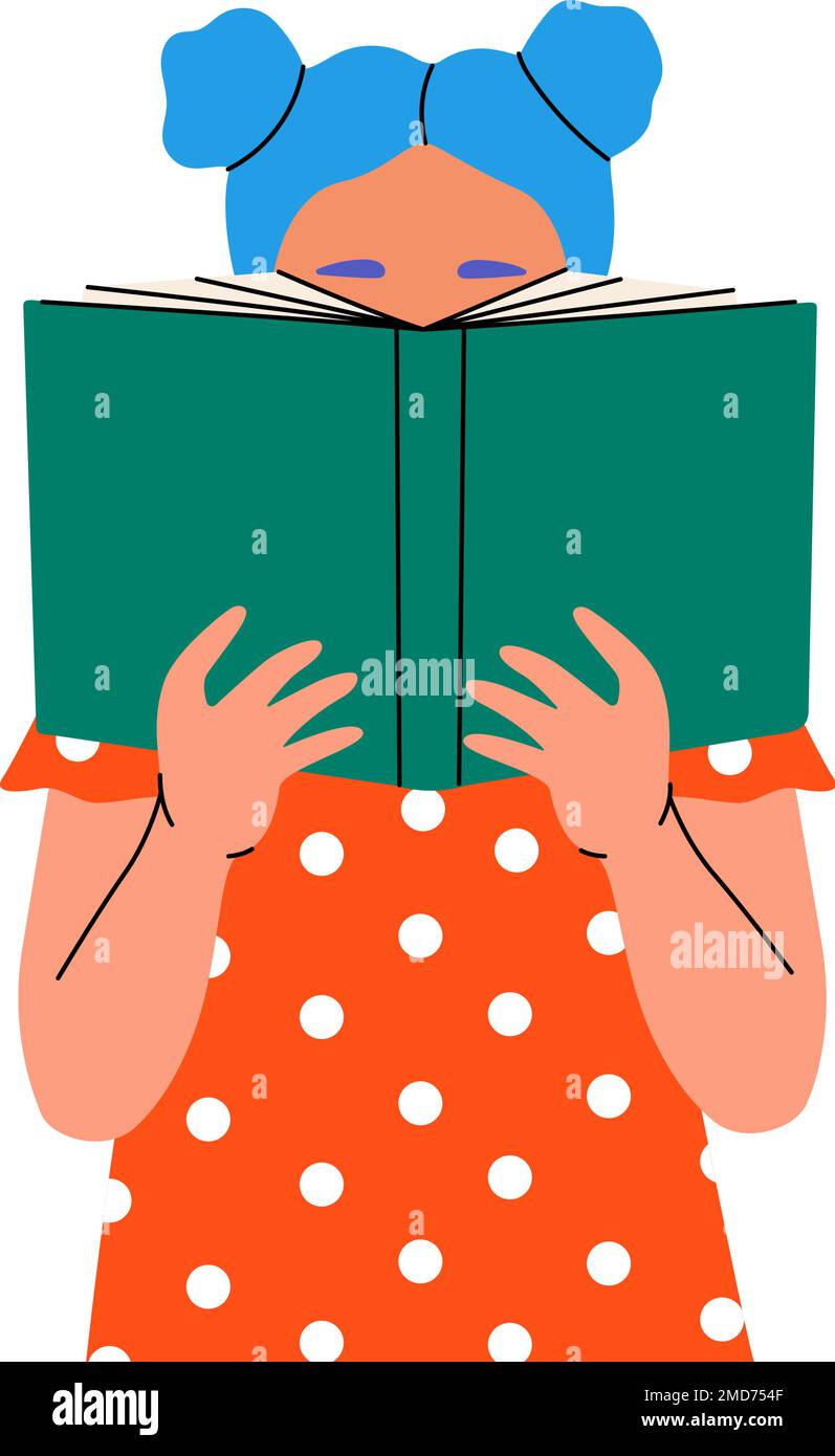 Young girl reading book. Read more. Illustration for bookstore, library