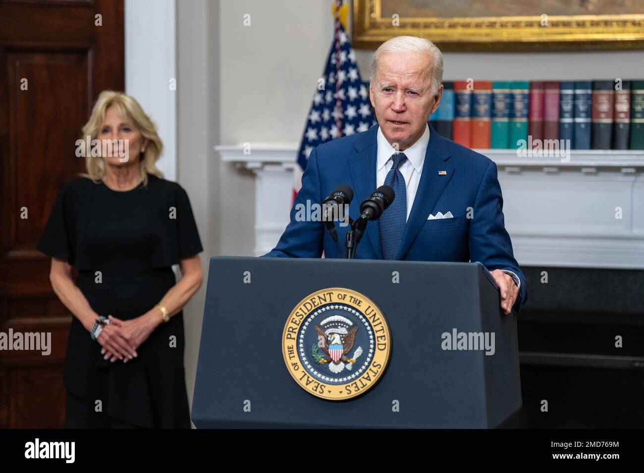 Reportage: President Joe Biden, joined by First Lady Jill Biden, delivers remarks on the mass shooting at Robb Elementary School in Uvalde, Texas, Tuesday, May 24, 2022, in the Roosevelt Room of the White House Stock Photo