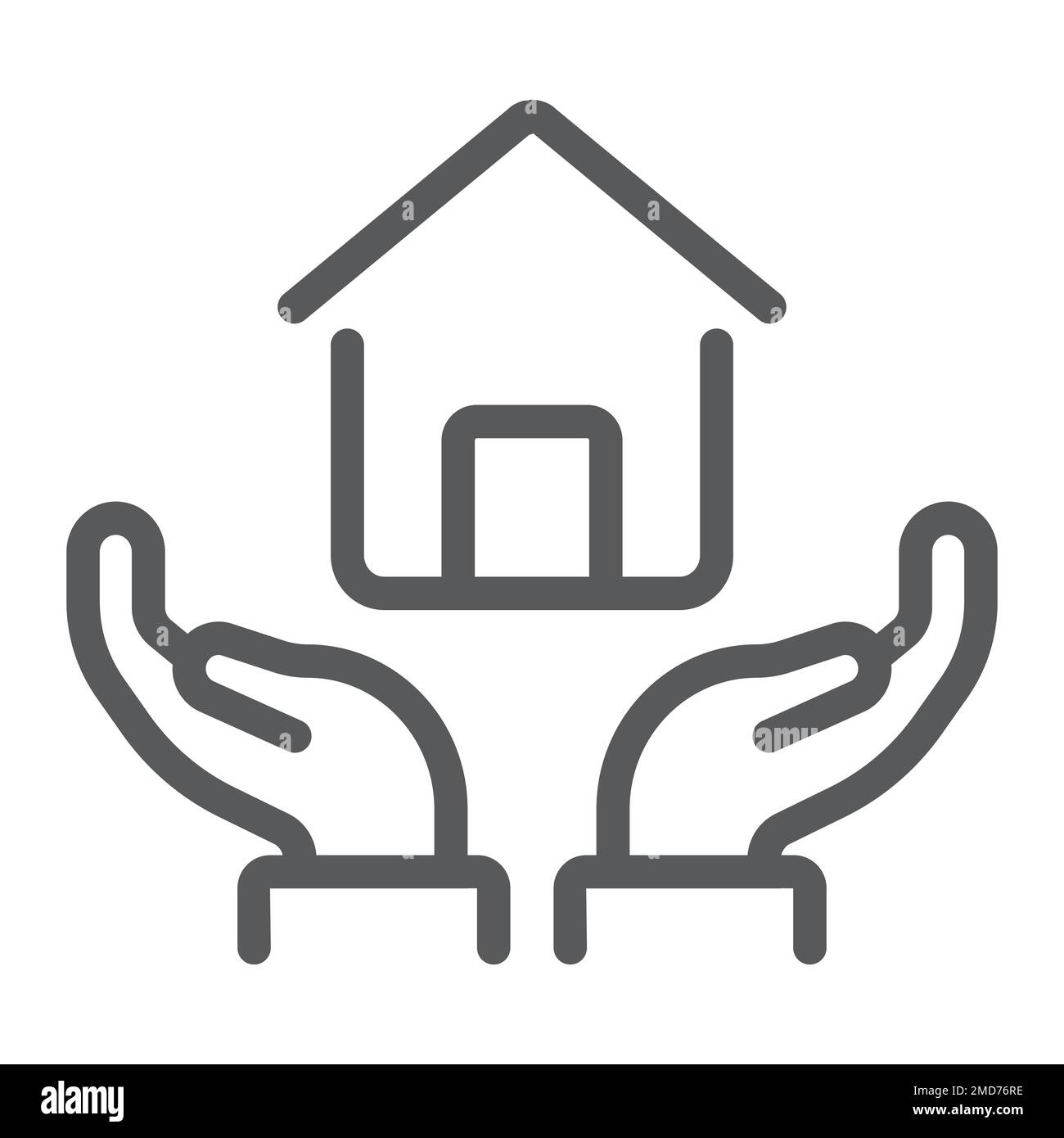 Home in hands line icon, real estate and home, home protection sign