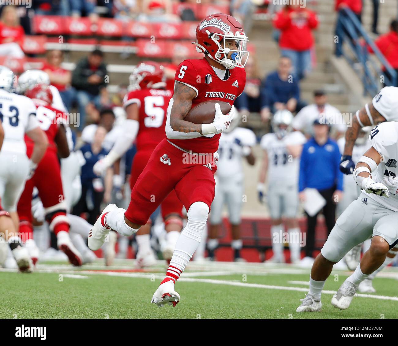 Fresno State wide receiver Jalen Cropper heads for a long gain against  Nevada during the first half of an NCAA college football game in Fresno,  Calif., Saturday, Oct. 23, 2021. (AP Photo/Gary