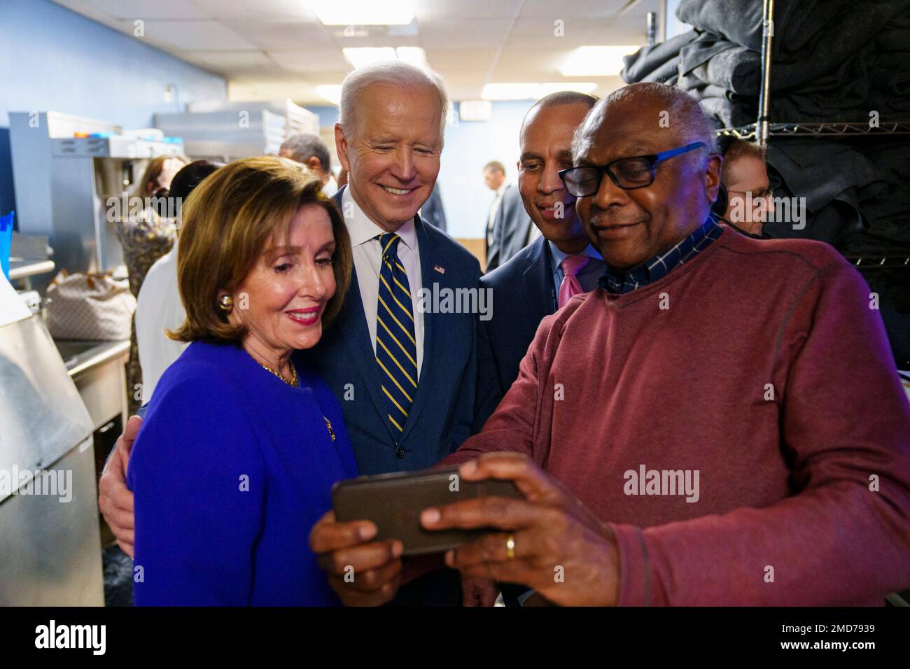 Reportage: President Joe Biden poses for a selfie with Speaker Nancy Pelosi (Calif.), Chairman of the House Democratic Caucus Hakeem Jeffries (N.Y.) and Majority Whip Jim Clyburn (S.C.) Friday, March 11, 2022 Stock Photo