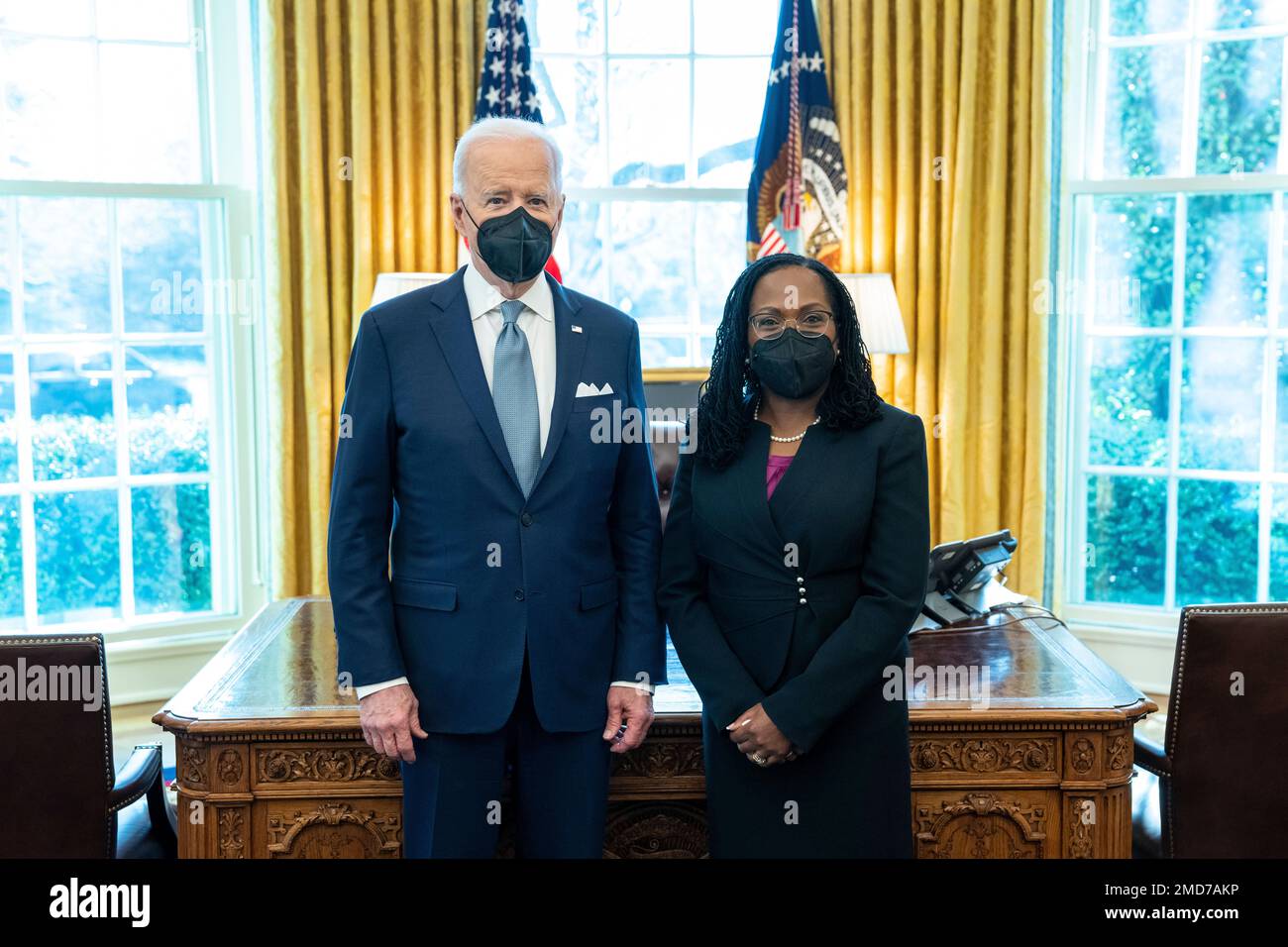 Reportage: President Joe Biden meets Judge Ketanji Brown Jackson in the Oval Office, Friday, February 25, 2022, prior to announcing her nomination to the U.S. Supreme Court. Stock Photo