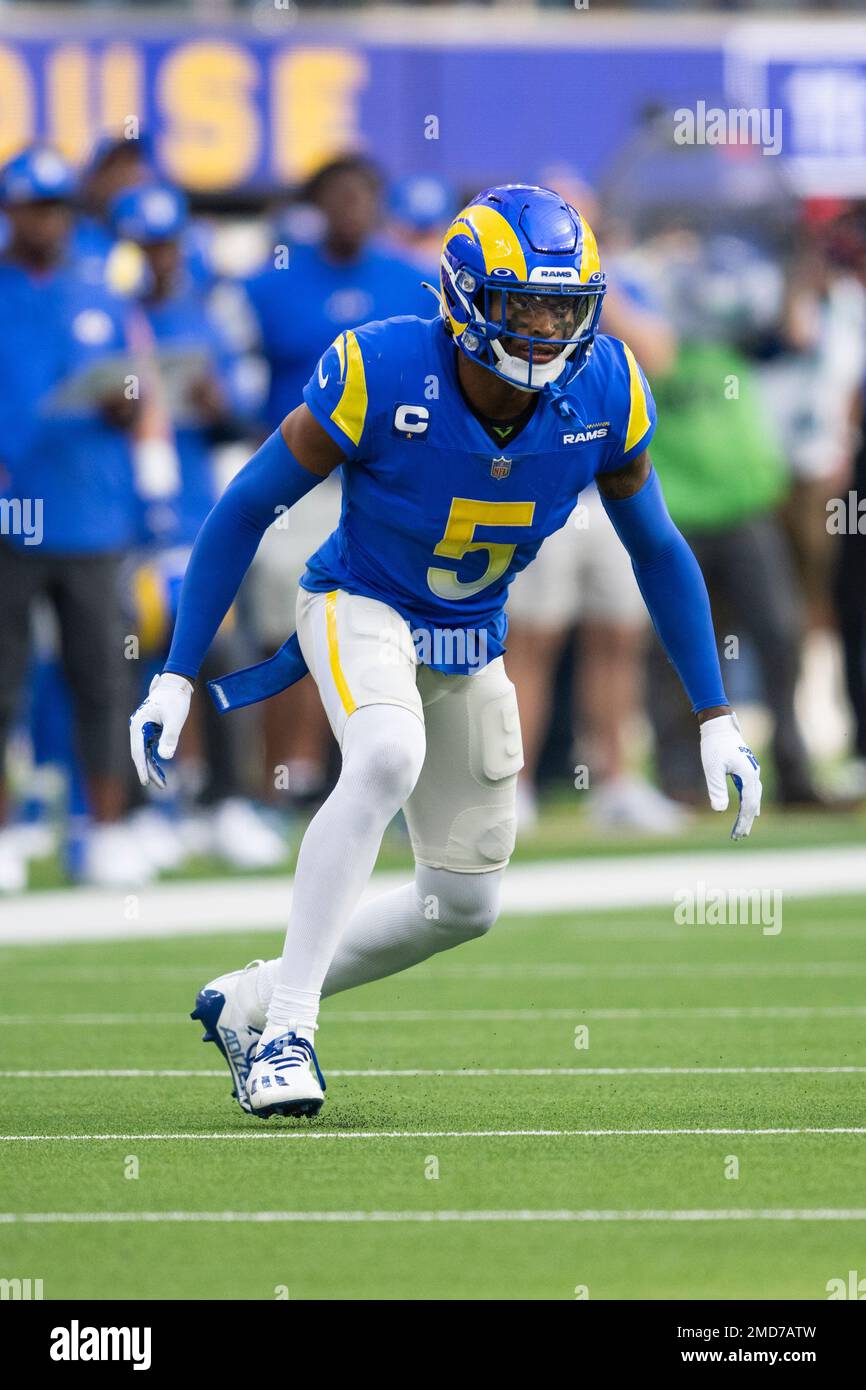 Los Angeles Rams cornerback Jalen Ramsey (5) takes his stance during an