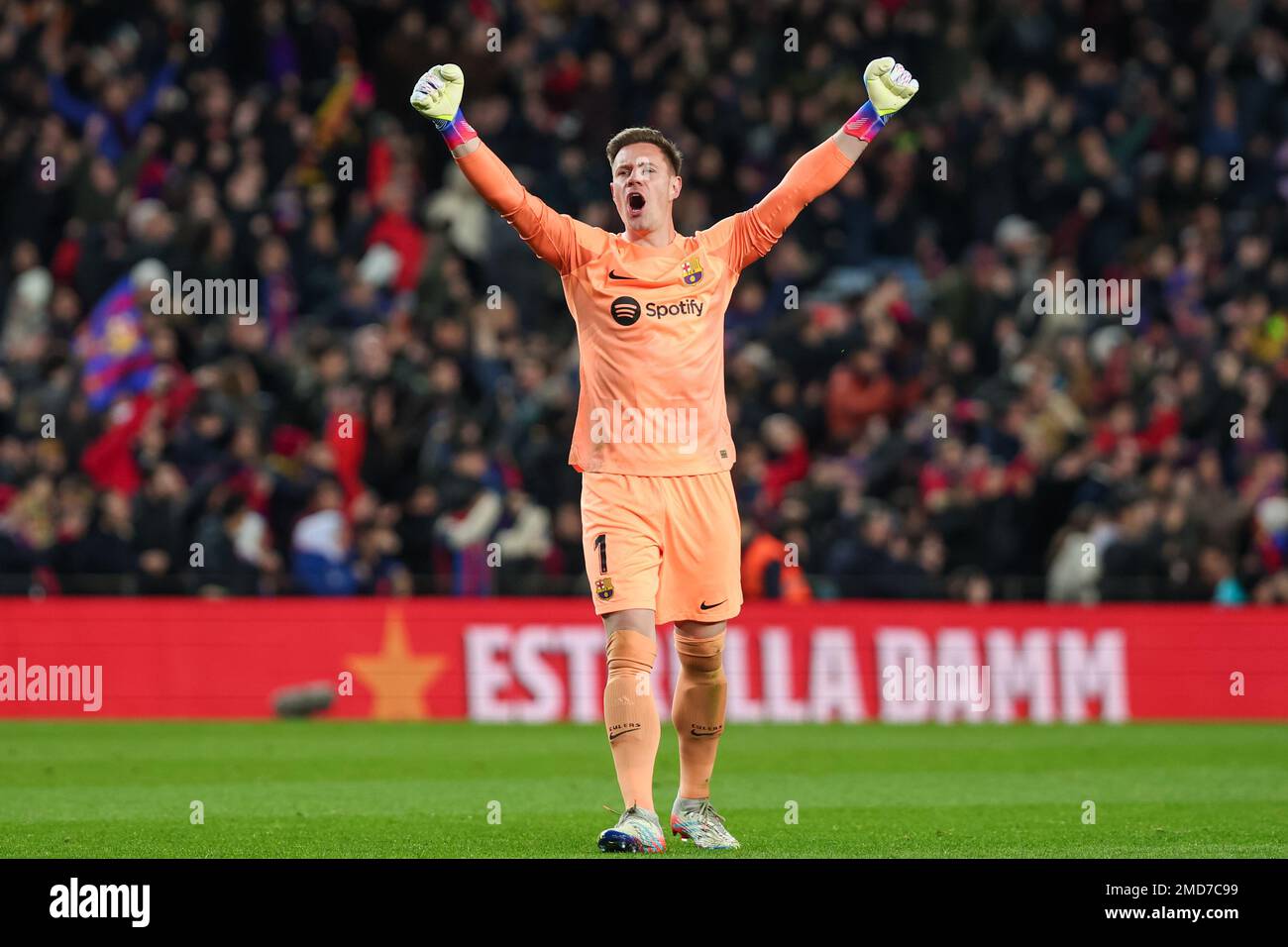 Marc Andre ter Stegen of FC Barcelona celebrate a goal during the Liga match between FC Barcelona and Getafe CF at Spotify Camp Nou in Barcelona, Spain. Stock Photo
