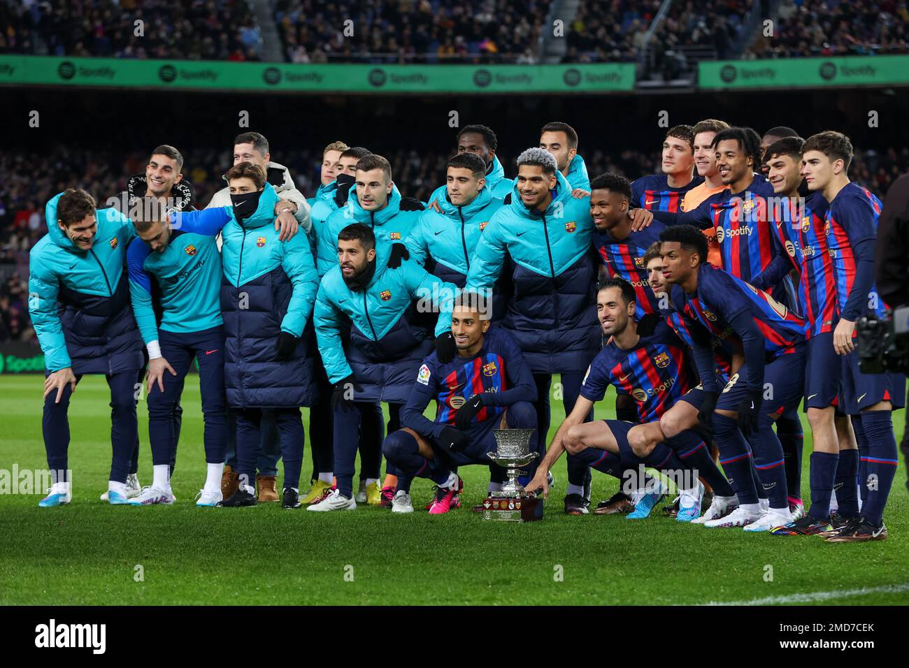 FC Barcelona players pose with the Super Copa trophy during the Liga match between FC Barcelona and Getafe CF at Spotify Camp Nou in Barcelona, Spain. Stock Photo