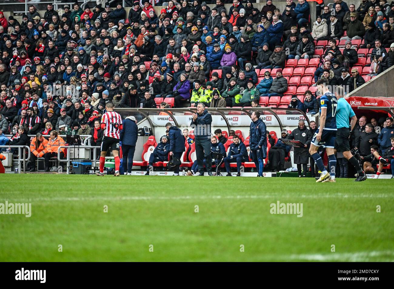 Sunderland AFC manager Tony Mowbray watches on as his side face Middlesbrough in the EFL Championship. Stock Photo