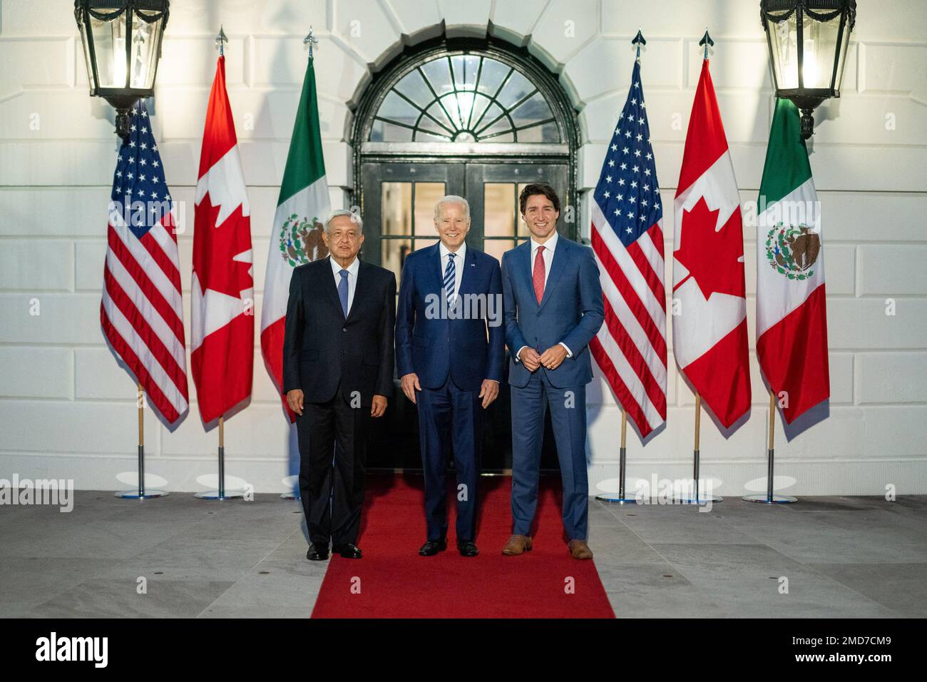 Reportage: President Joe Biden greets Canadian Prime Minster Justin Trudeau and Mexico President Andrés Manuel López Obrador, Thursday, November 18, 2021, at the South Portico of the White House Stock Photo