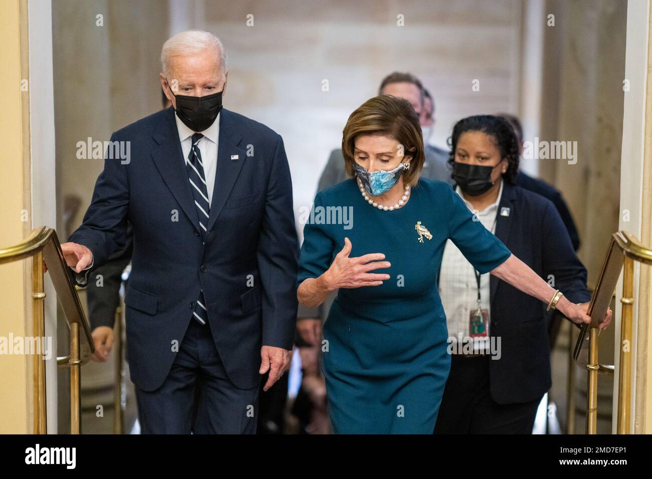 Reportage: President Joe Biden walks with House Speaker Nancy Pelosi, D-Calif., as he departs the U.S. Capitol after addressing the House Democratic Caucus, Thursday, October 28, 2021 Stock Photo