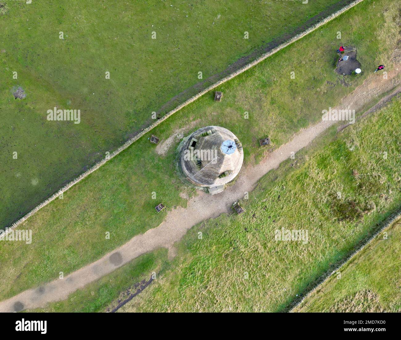 An aerial view of the tower at the top of the Hartshead Pike hill in Ashton-under-Lyne, England Stock Photo