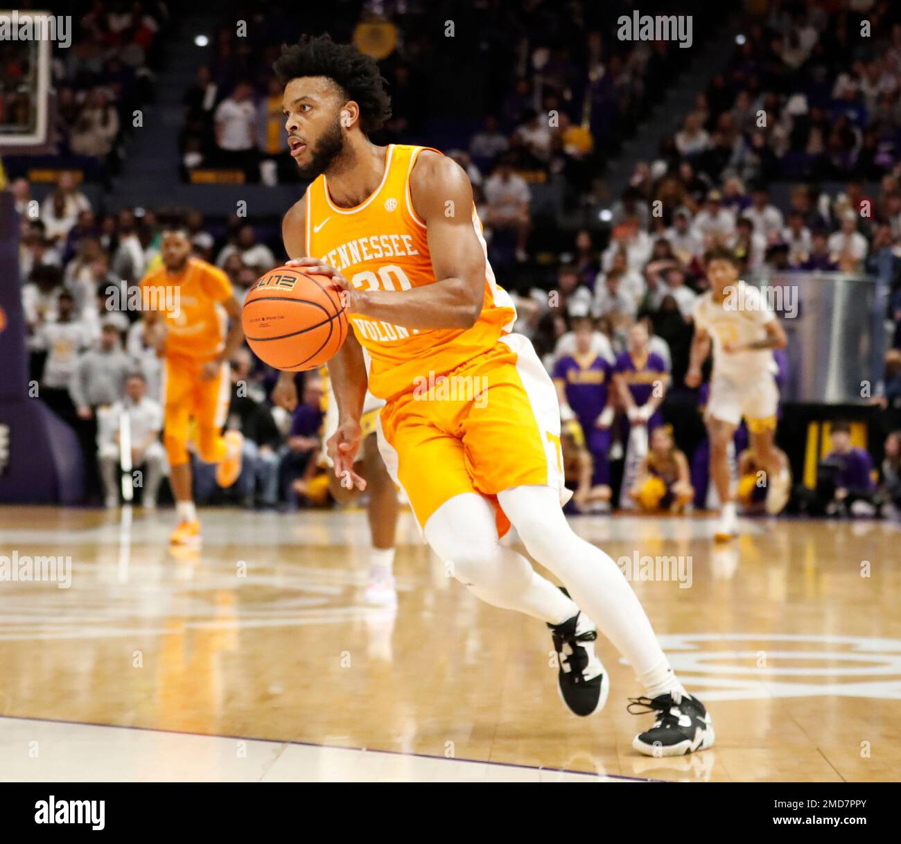 Baton Rouge USA. 21st Jan 2023. Tennessee guard Josiah Jordan James 30 drives to the basket during a men s college basketball game at the Pete Maravich Assembly Center in Baton Rouge Louisiana on
