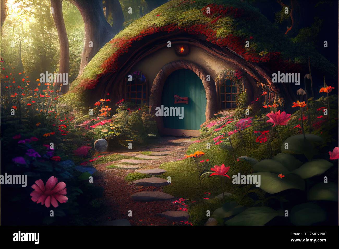 Fantasy Hobbit house and garden, fairytale home in magic forest, generative AI. Scenery of fairy tale habitation and flowers in woods in summer. Theme Stock Photo
