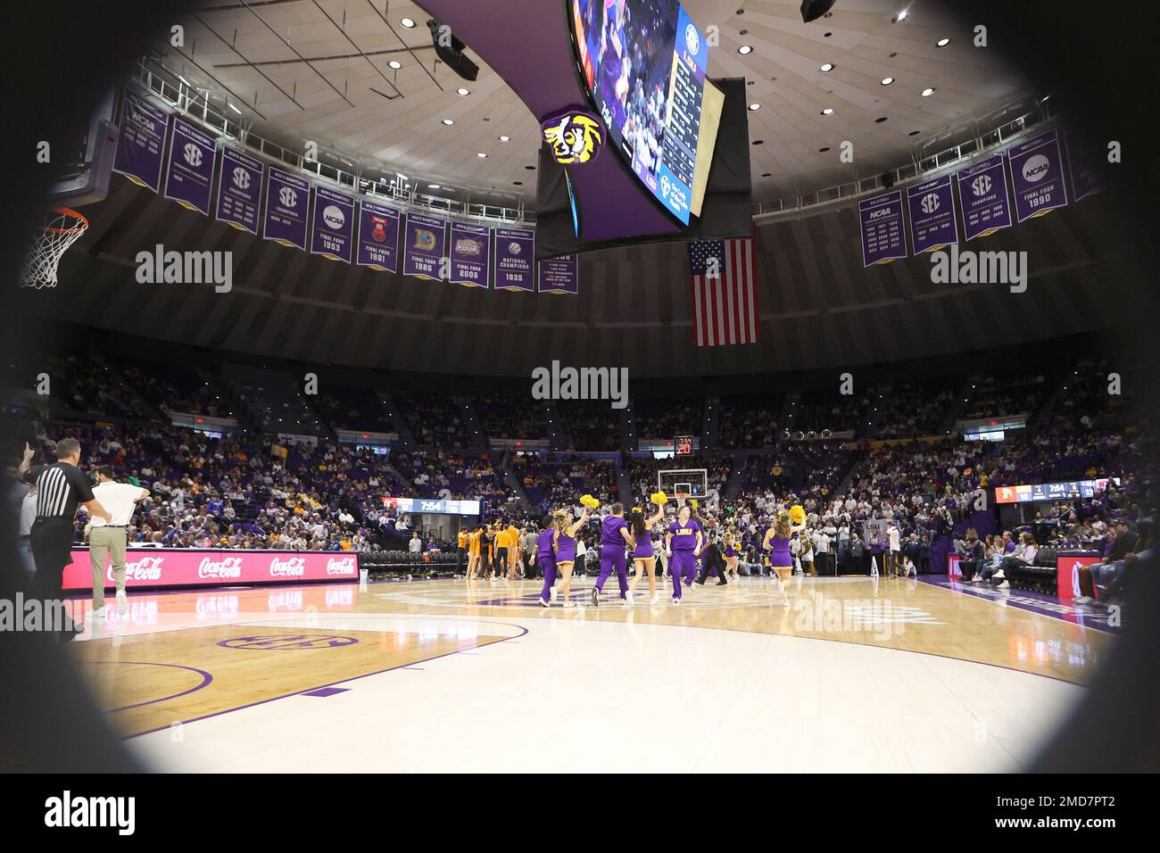 Baton Rouge, USA. 21st Jan, 2023. The LSU cheerleaders run off of the court after a timeout during a men's college basketball game at the Pete Maravich Assembly Center in Baton Rouge, Louisiana on Saturday, January 21, 2022. (Photo by Peter G. Forest/Sipa USA) Credit: Sipa USA/Alamy Live News Stock Photo