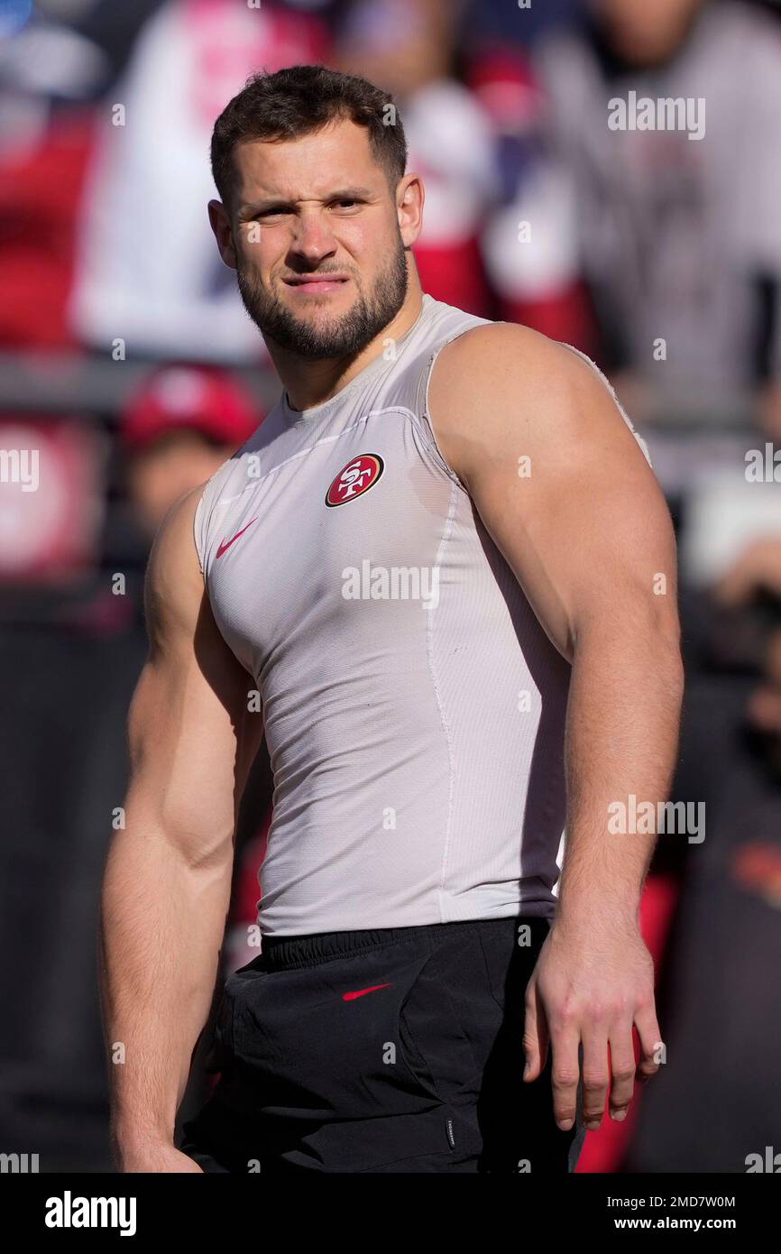 SANTA CLARA, CA - JANUARY 22: San Francisco 49ers defensive end Nick Bosa ( 97) warms up before the NFL NFC Divisional Playoff game between the Dallas  Cowboys and San Francisco 49ers at