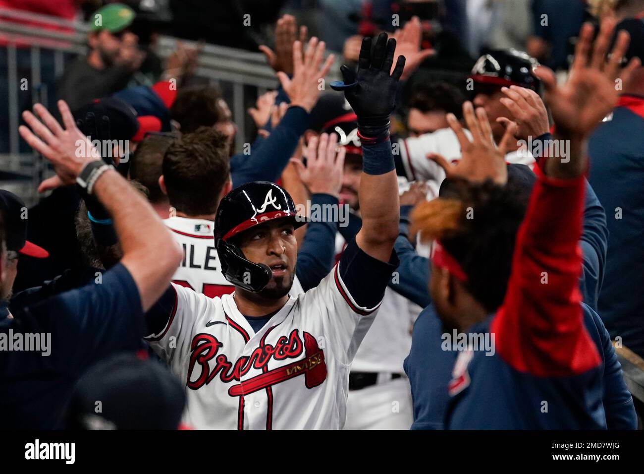 Atlanta, United States. 31st Oct, 2021. Atlanta Braves center fielder Adam  Duvall (14) celebrates with teammates Eddie Rosario (C) and Ozzie Albies  after hitting a grand slam homer against the Houston Astros