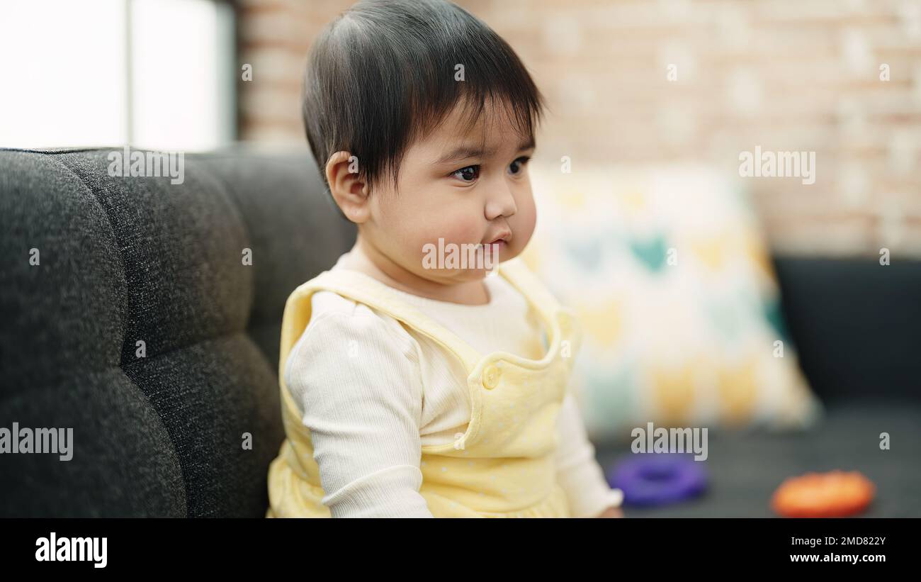Adorable hispanic baby sitting on sofa with relaxed expression at home ...
