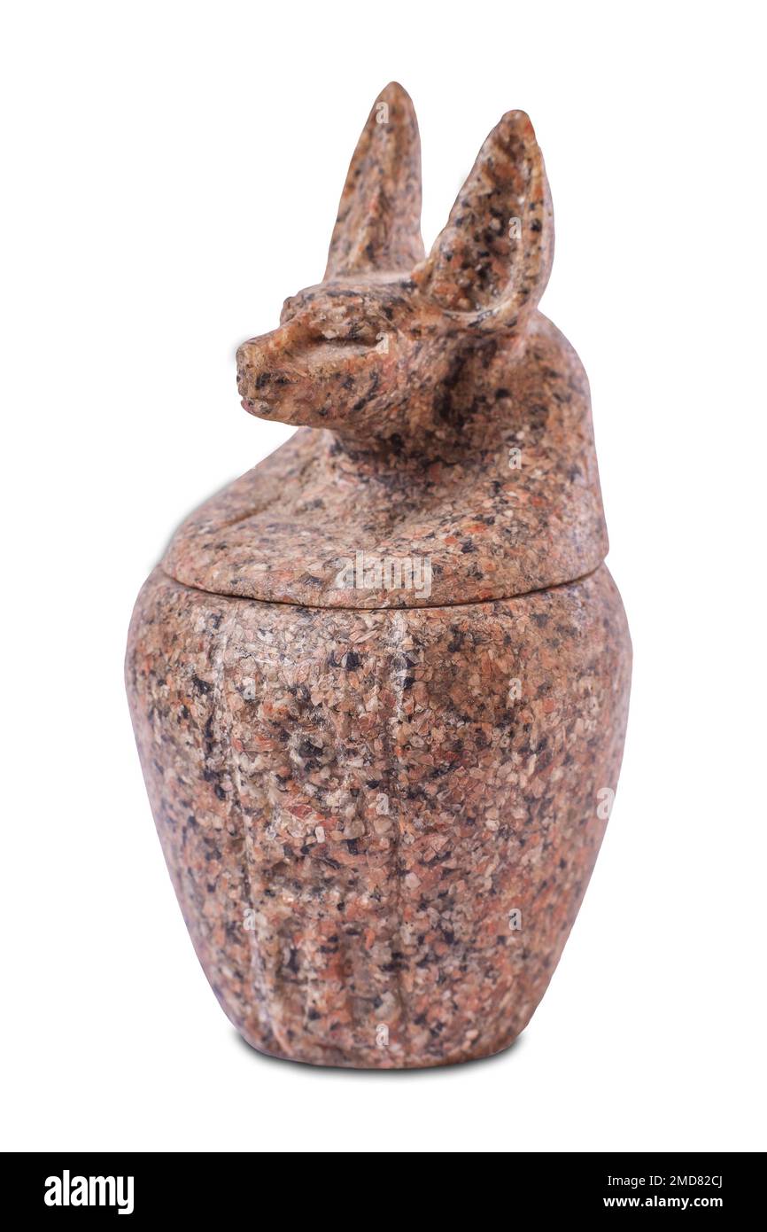 Reproduction of canopic jar. Duamutef, the jackal-headed made of Aswan red granite Stock Photo