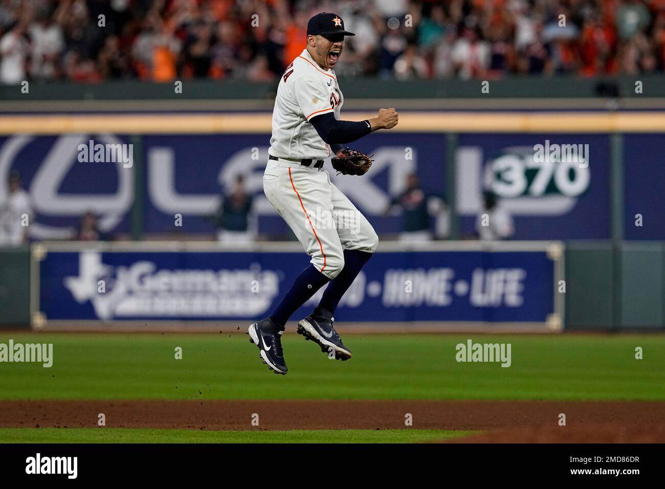 Houston, United States. 16th Oct, 2021. Houston Astros shortstop Carlos  Correa reacts after fouling out to Boston Red Sox catcher Kevin Plawecki in  the 2nd inning in game two of the MLB