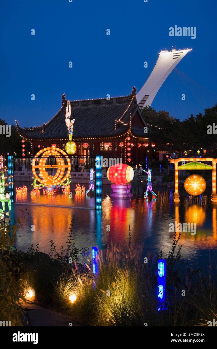The Magic of Lanterns exhibit in the Chinese Garden at dusk, Montreal