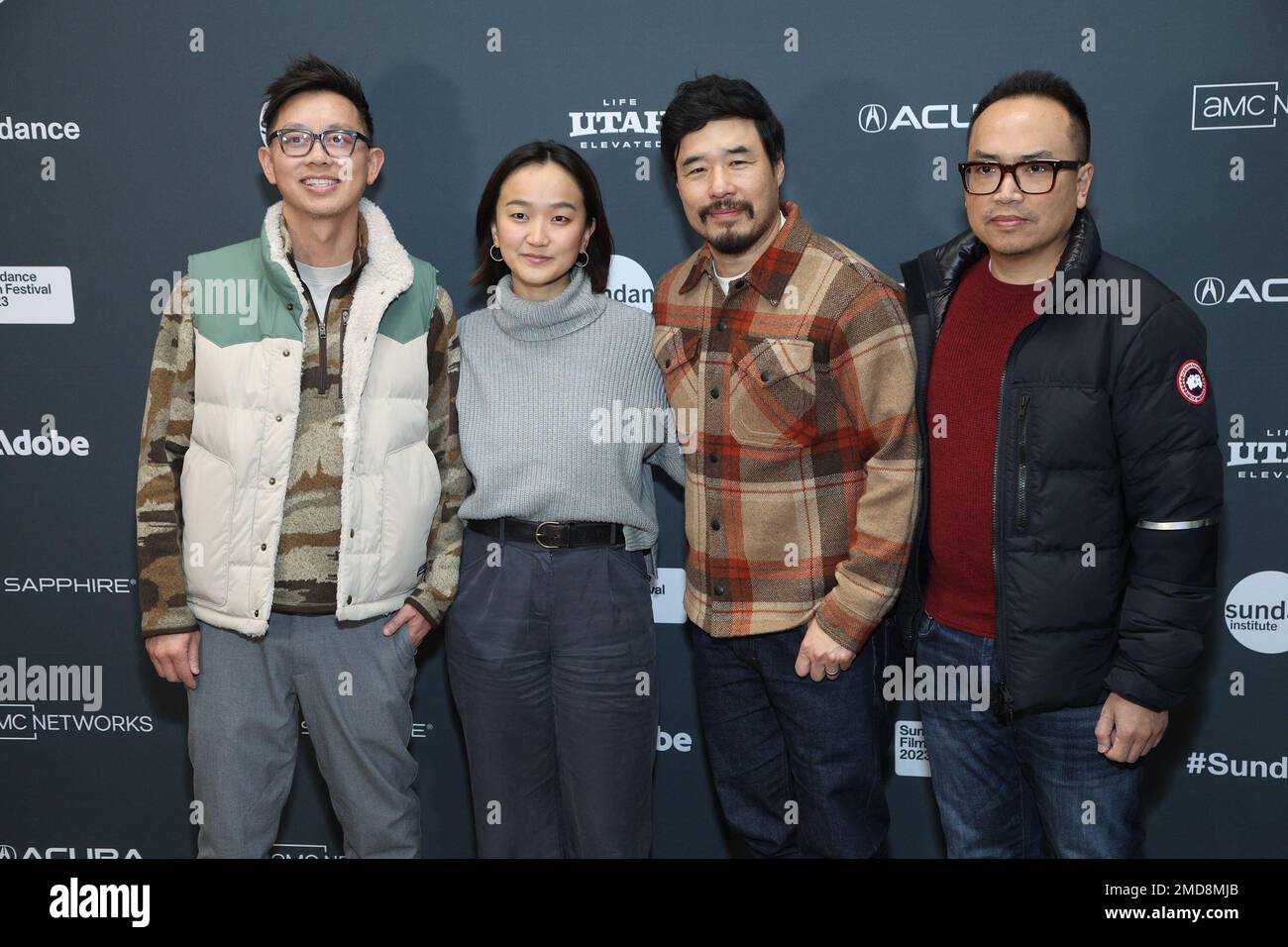 Park City, UT, USA. 22nd Jan, 2023. Hieu Ho (Producer), Guest, Randall Park (Director), Michael Golamco (Producer) at arrivals for SHORTCOMINGS Premiere at Sundance Film Festival 2023, Eccles Theater, Park City, UT January 22, 2023. Credit: JA/Everett Collection/Alamy Live News Stock Photo