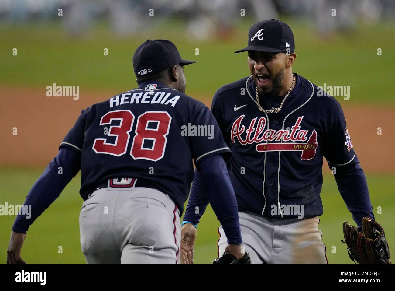 Atlanta Braves left fielder Eddie Rosario celebrates with Atlanta