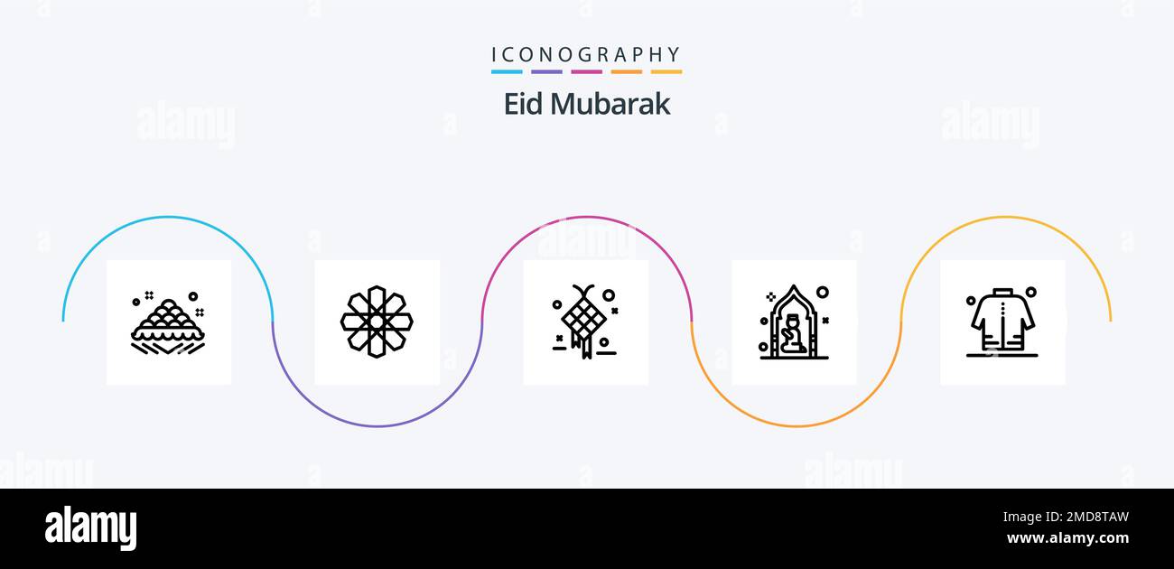 Eid Mubarak Line 5 Icon Pack Including man. masjid. geography. mosque. design Stock Vector