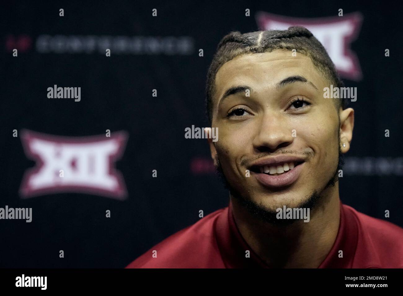 Oklahoma's Jordan Goldwire speaks to the media during Big 12 NCAA