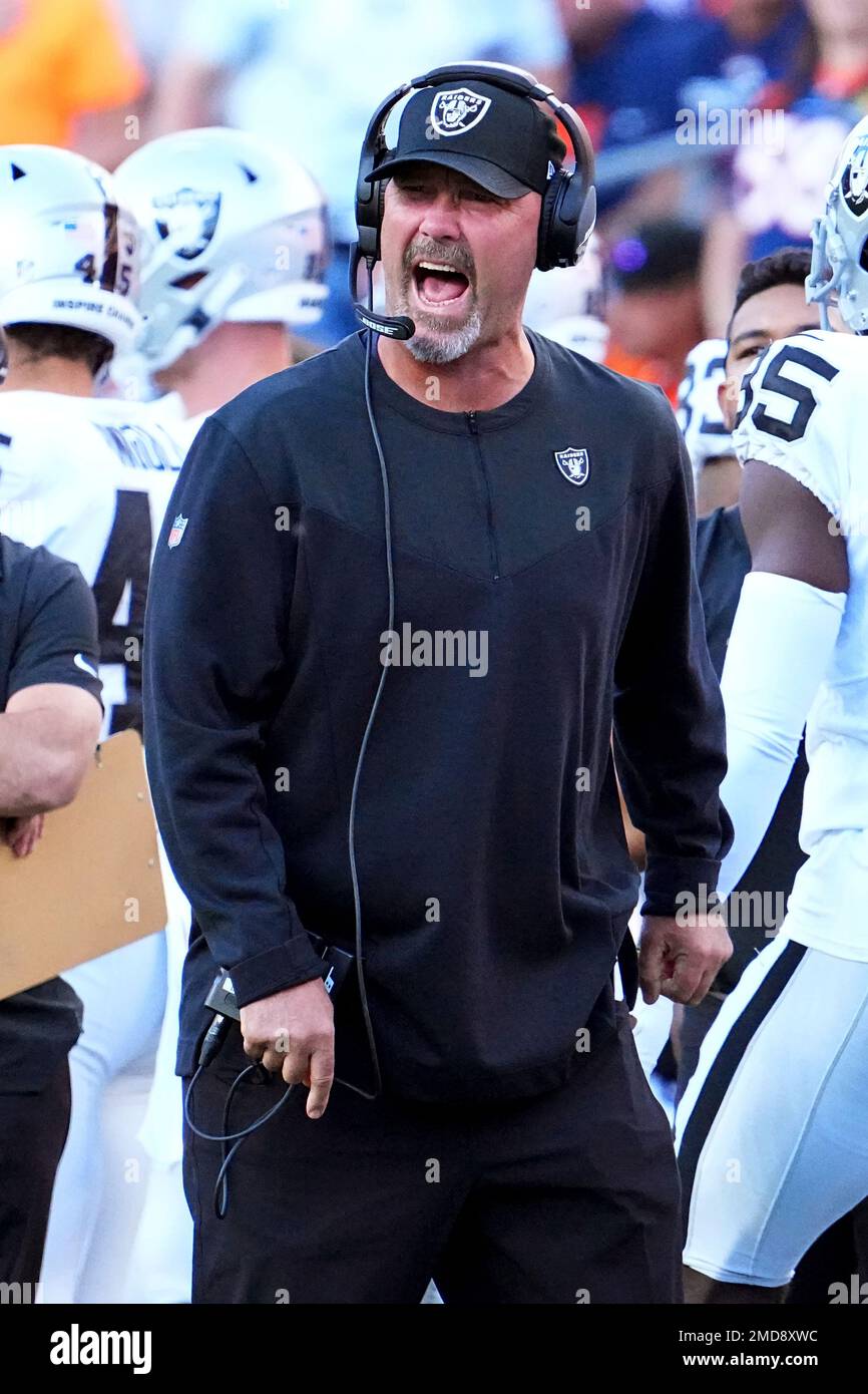 Las Vegas Raiders interim head coach Rich Bisaccia reacts to a play