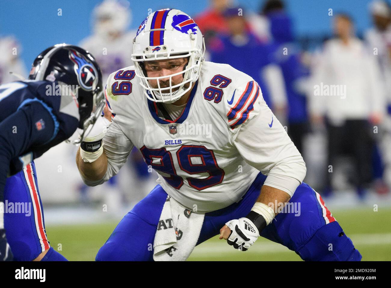 Buffalo Bills defensive tackle Harrison Phillips (99) walks to the huddle  during a NFL football game against the Tampa Bay Buccaneers, Sunday,  Dec.12, 2021 in Tampa, Fla. (AP Photo/Alex Menendez Stock Photo 