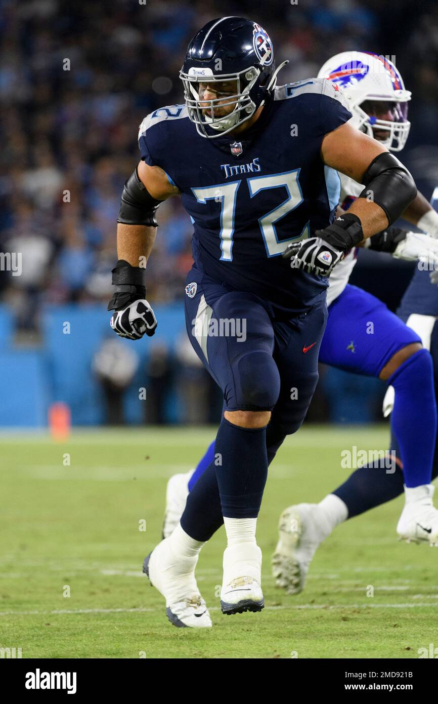 Tennessee Titans offensive tackle David Quessenberry (72) plays against the  Buffalo Bills during an NFL football game on Monday, Oct. 18, 2021, in  Nashville, Tenn. (AP Photo/John Amis Stock Photo - Alamy