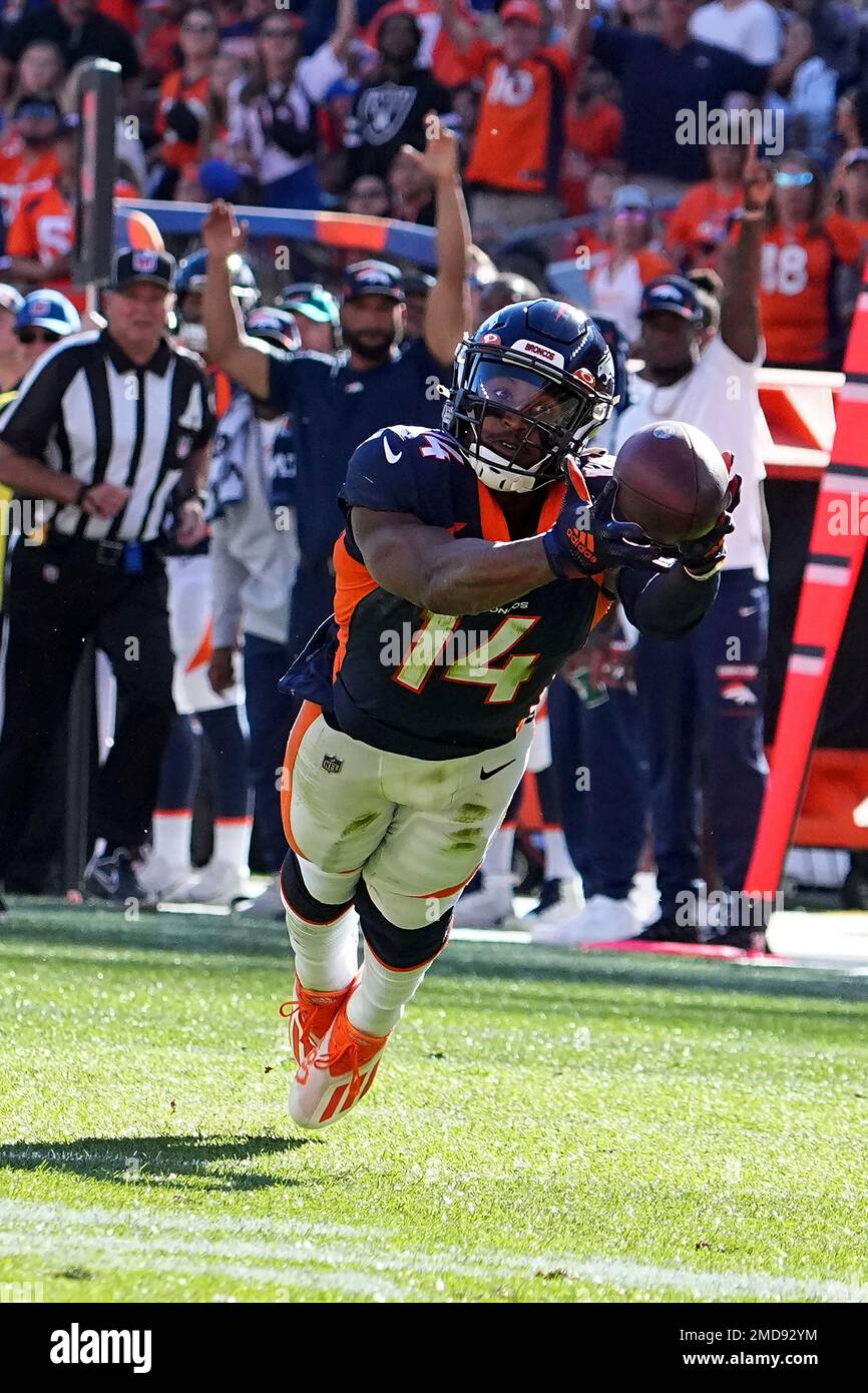 Denver Broncos wide receiver Tyrie Cleveland (16) runs a play against the  Indianapolis Colts during the first half of an NFL football game, Thursday,  Oct. 6, 2022, in Denver. (AP Photo/Jack Dempsey