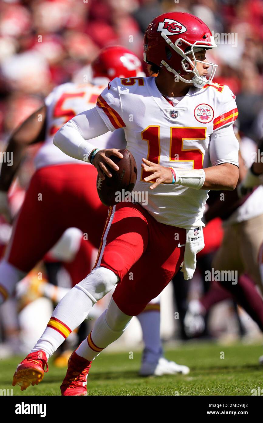 Kansas City Chiefs quarterback Patrick Mahomes (15) scrambles during an NFL  football game against the Washington Football Team, Sunday, Oct. 17, 2021,  in Landover, Md. (AP Photo/Mark Tenally Stock Photo - Alamy