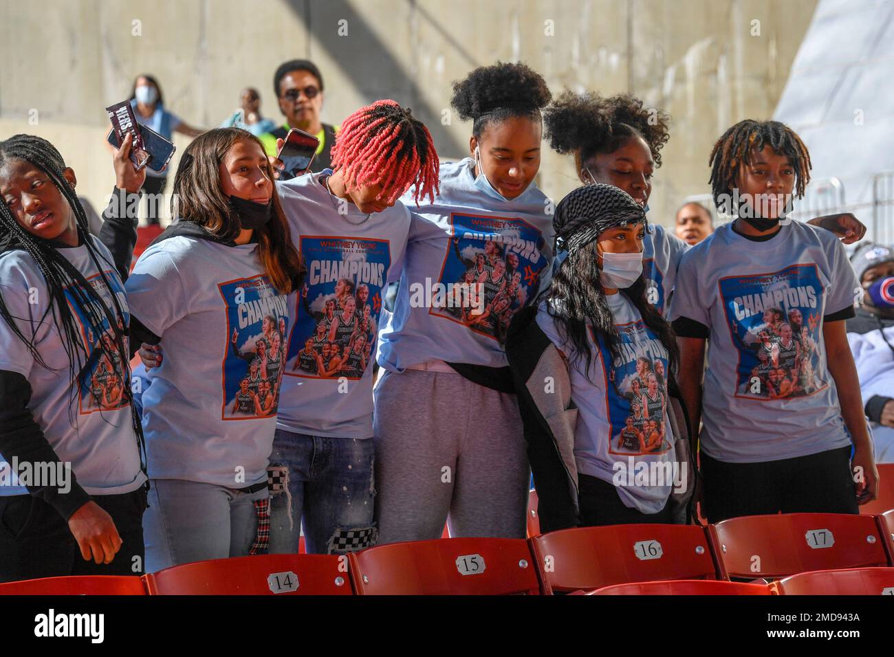 Fans wear championship shirts before the Chicago Sky basketball team celebrated their 2021 WNBA Championship during a rally at Millennium Park on Tuesday Oct. 19 2021 in Chicago. AP Photo Matt Marton ...