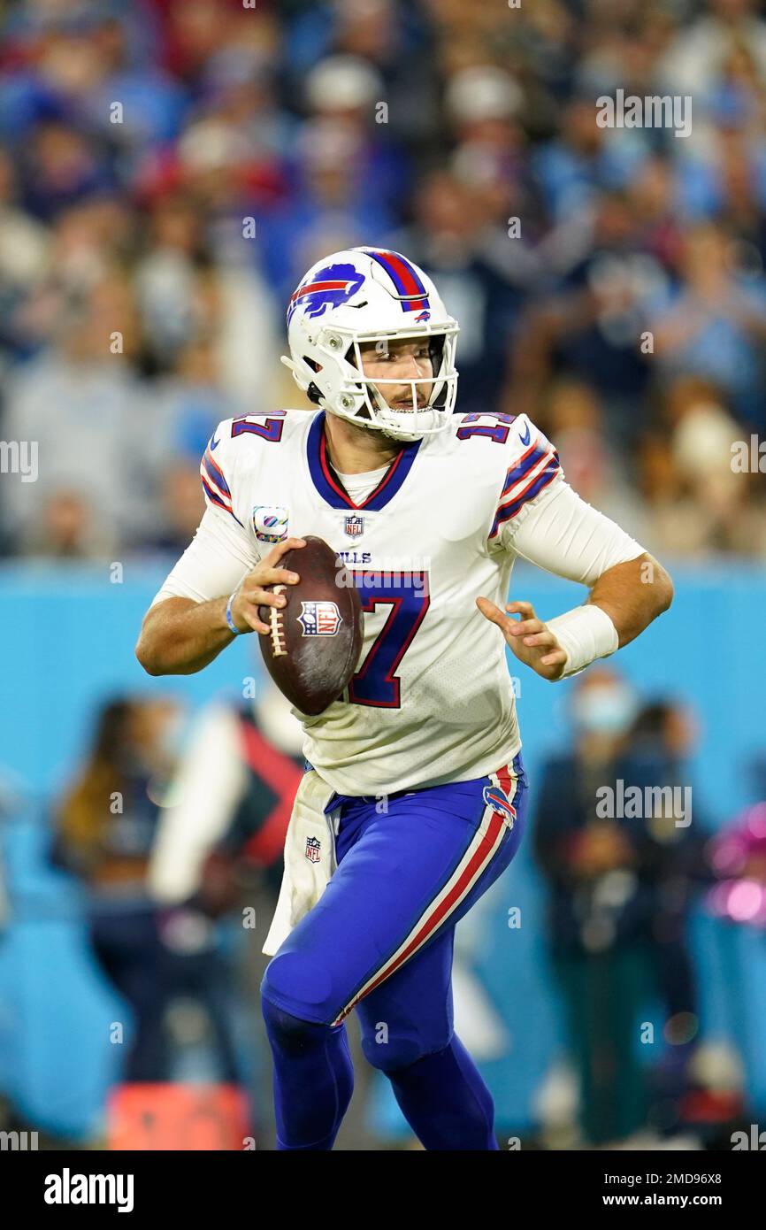 Buffalo Bills quarterback Josh Allen (17) looks to pass during a Monday  Night NFL football game against the Tennessee Titans, Monday, Oct. 18,  2021, in Nashville, Tenn. (AP Photo/Matt Patterson Stock Photo - Alamy