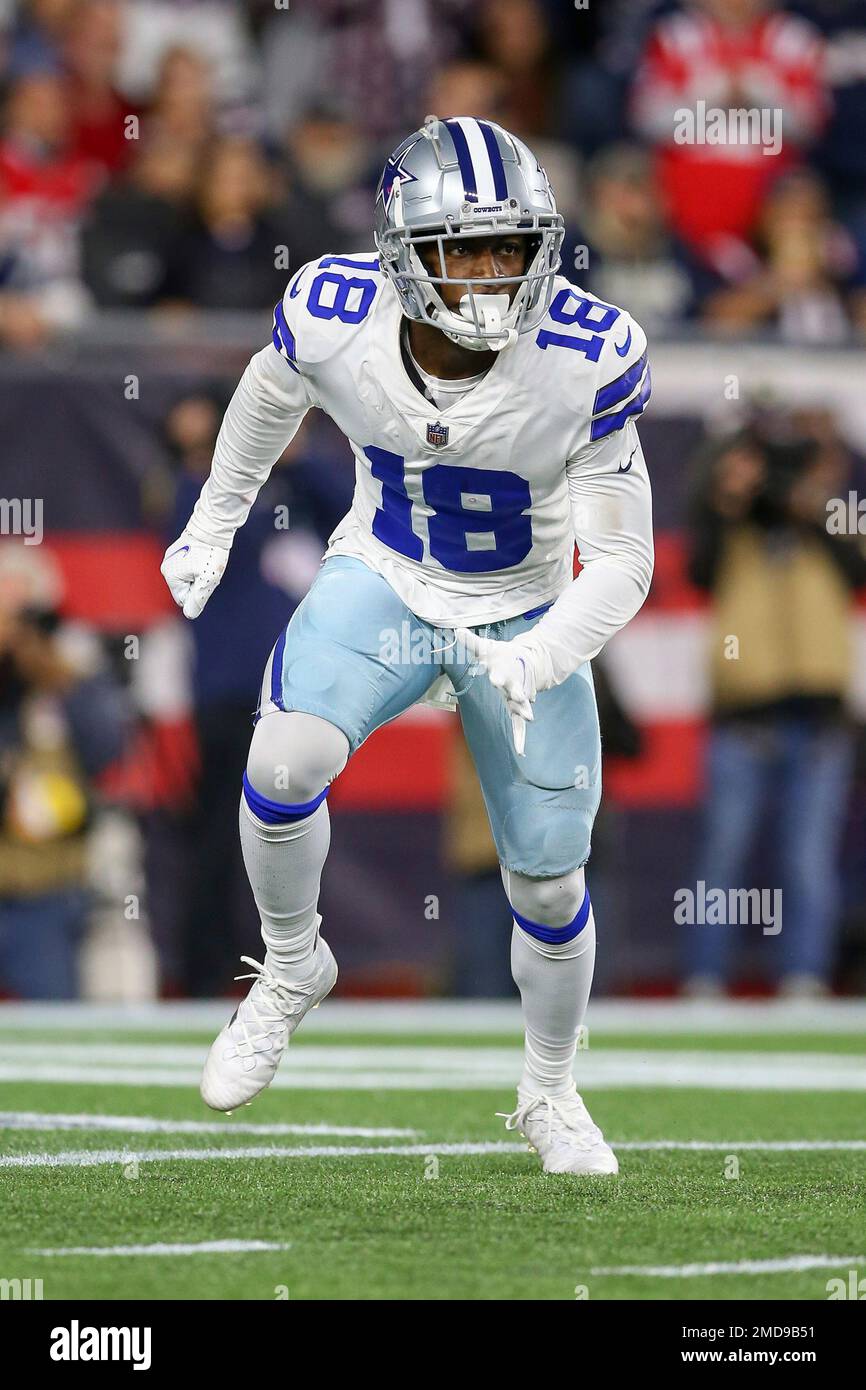 Dallas Cowboys safety Damontae Kazee (18) defends during the second half of  an NFL football game against the New England Patriots, Sunday, Oct. 17,  2021, in Foxborough, Mass. (AP Photo/Stew Milne Stock