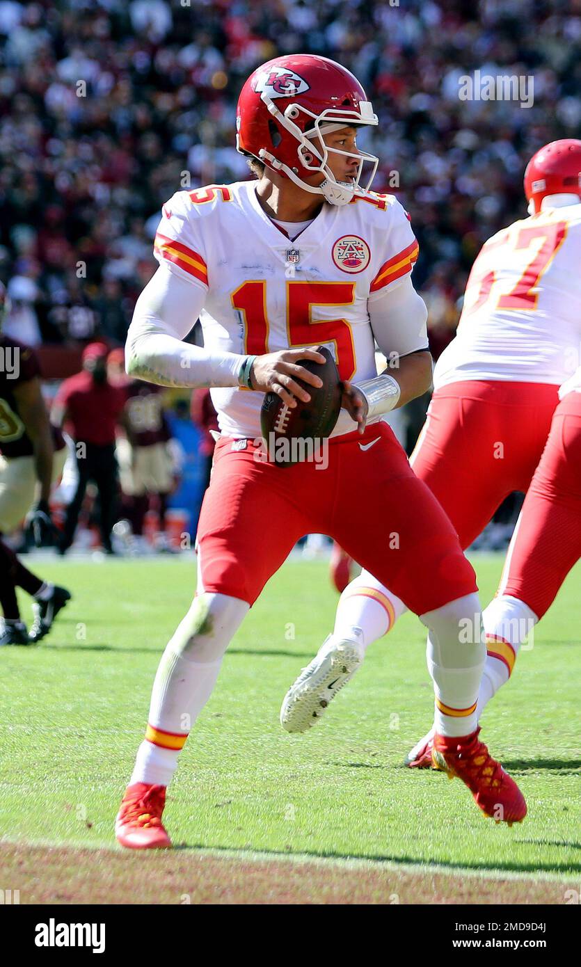 Kansas City Chiefs quarterback Patrick Mahomes (15) throws during an NFL  football game against the Washington Football Team, Sunday, Oct. 17, 2021  in Landover, Md. (AP Photo/Daniel Kucin Jr Stock Photo - Alamy