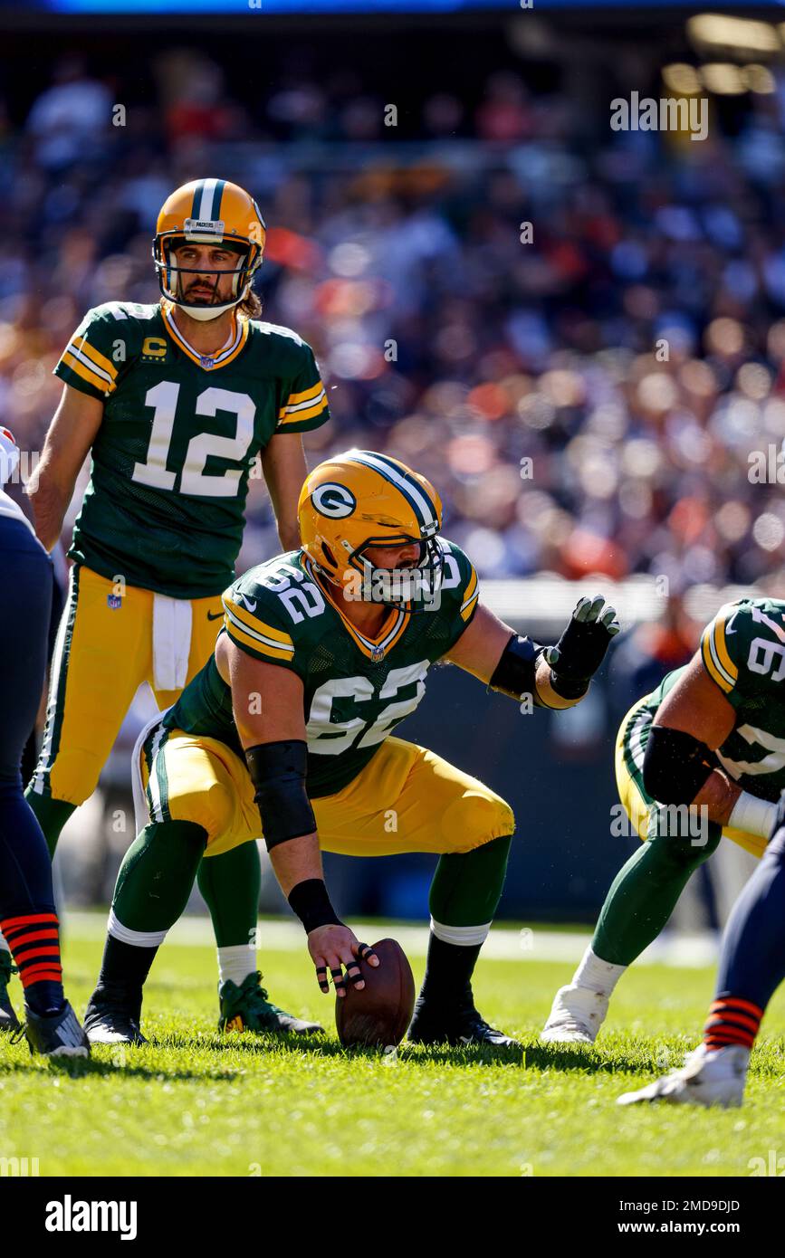 Green Bay Packers center Lucas Patrick (62) passes the ball during the  first half of an NFL football game against the Seattle Seahawks, Sunday,  Nov. 14, 2021, in Green Bay, Wis. (AP