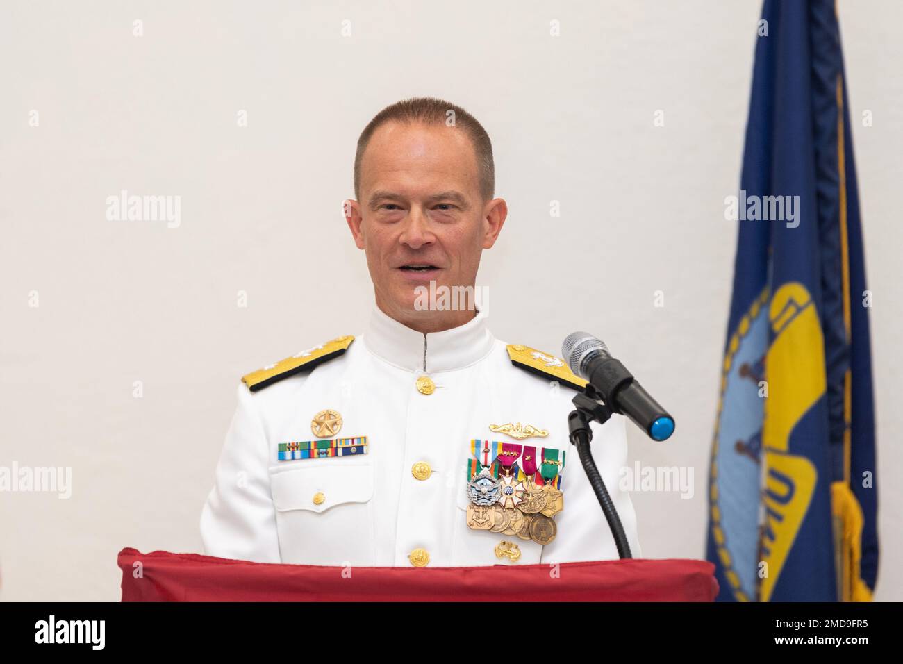 Rear Adm. Stephen G. Mack, commander, Submarines NATO, delivers remarks