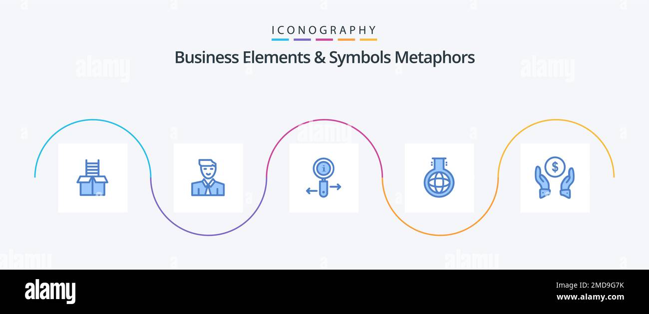 Business Elements And Symbols Metaphors Blue 5 Icon Pack Including insurance. chemistery. avatar. flask. search Stock Vector