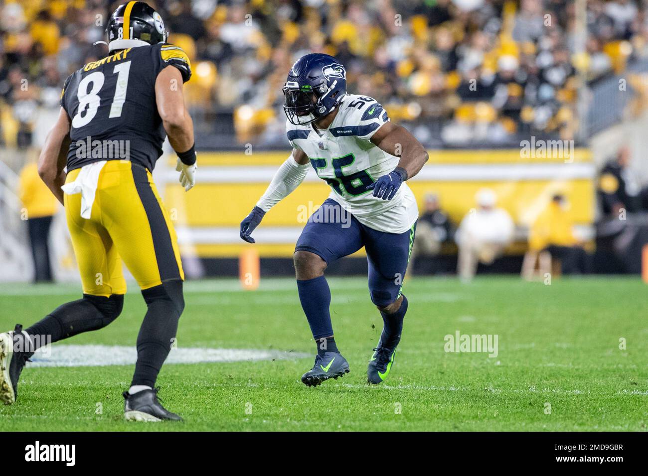 Seattle Seahawks linebacker Jordyn Brooks (56) looks downfield